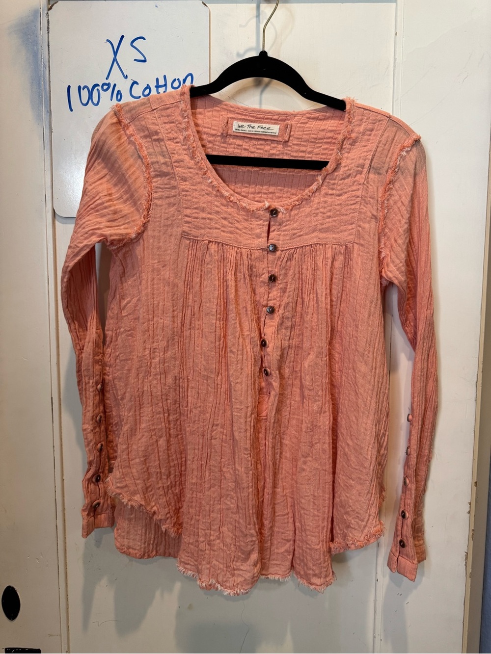 Oversized Free People 100% Cotton  Peach Cotton Button-Front Peasant Top